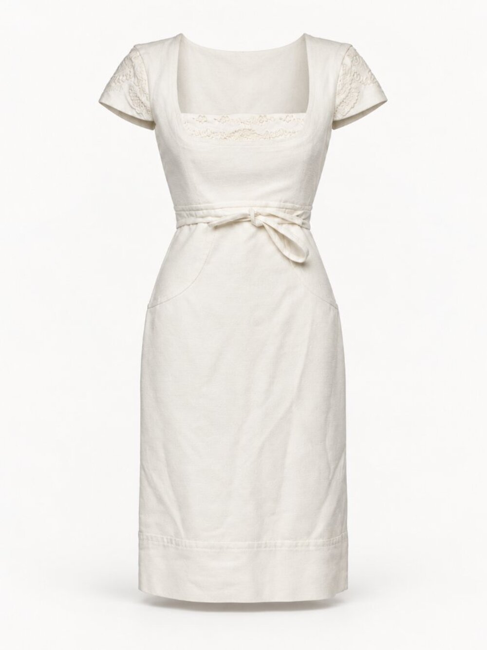 Christian Lacroix Vintage Embroidered White Wool Silk Sheath Dress Built-In Bra